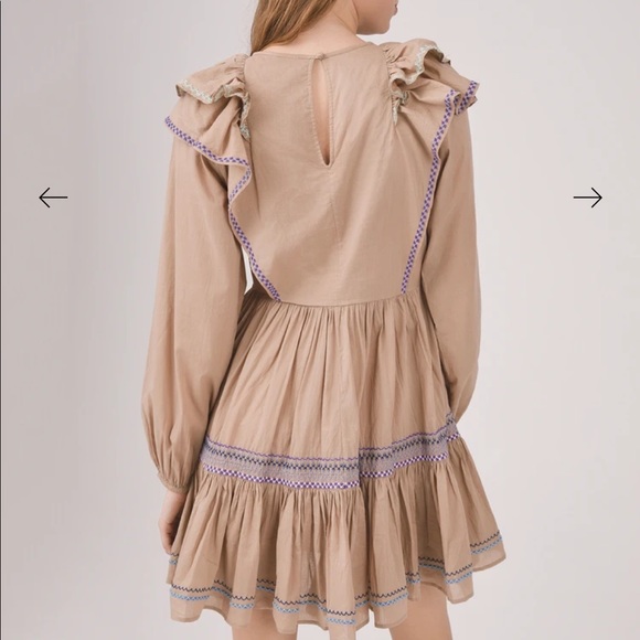 Something Navy Jolie embroidered Ruffle dress tan VGUC - Picture 4 of 16